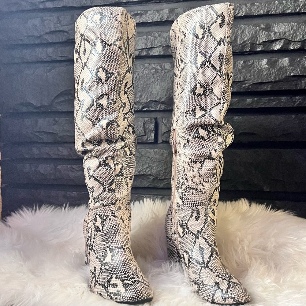 Gray Faux Snakeskin Over the Knee Boots with Pointed Toe and High Heel